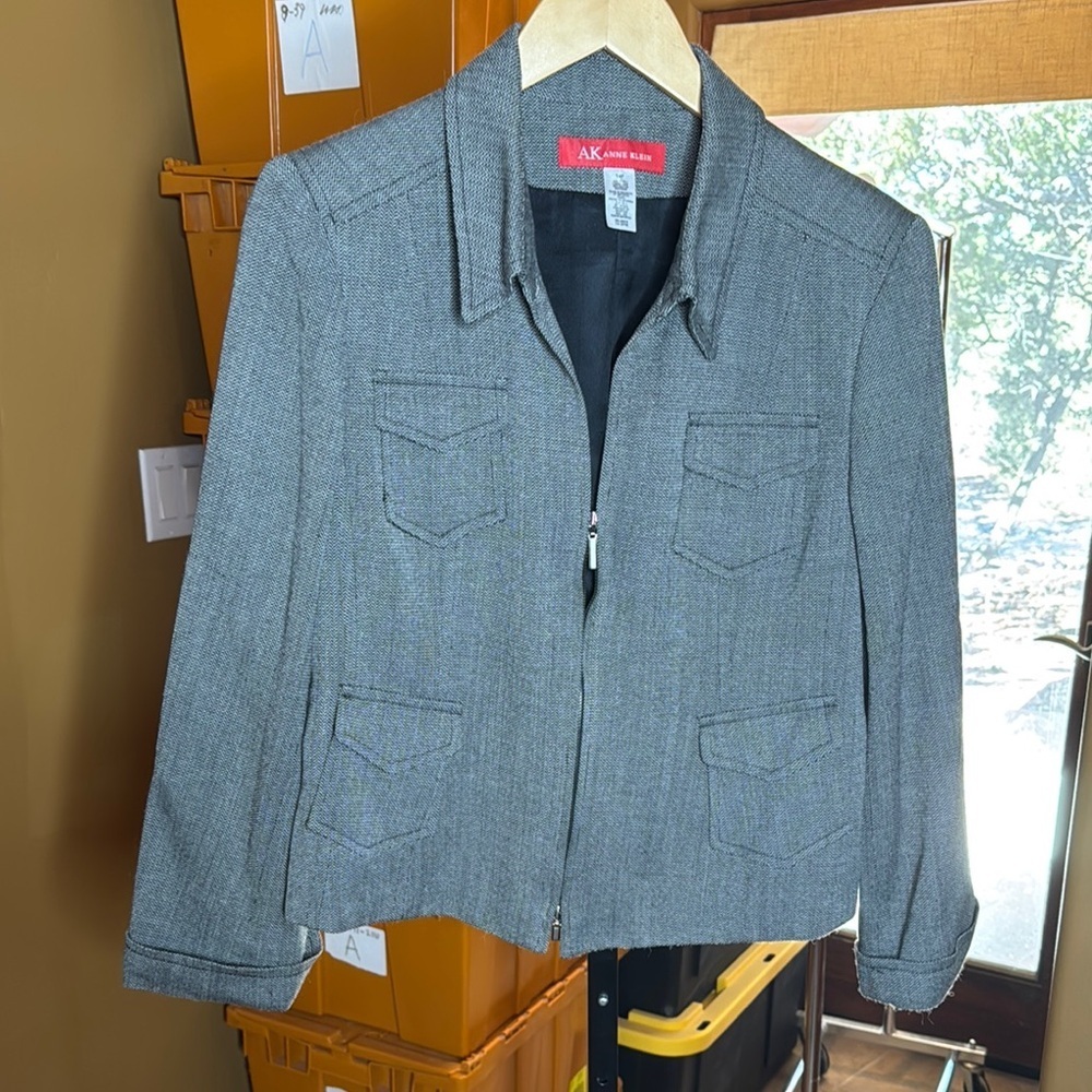 AK Anne Klein Gray Wool Blend Jacket Size 14P Petite Zip Front Lined
